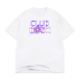 The BOSK Club Bosk Tee is an oversized men's heavyweight cotton t-shirt in plain white, featuring "CLUB RISK" in a bold purple and blue electric font with a yellow burst, shown laid flat on a white background.